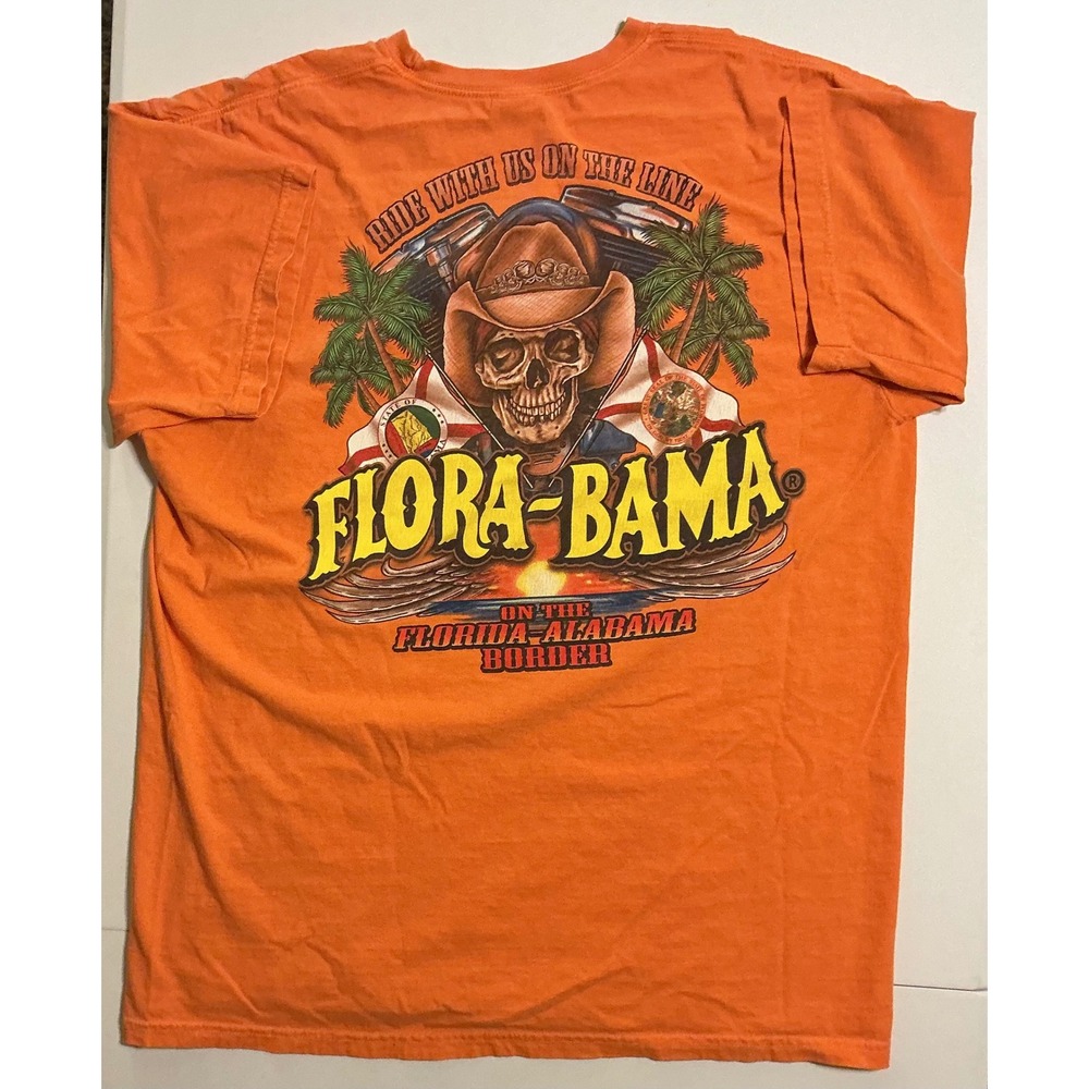 Y2K Mens XL Orange T-Shirt  Florida Alabama Skull Cowboy Grunge Comfort Colors‎